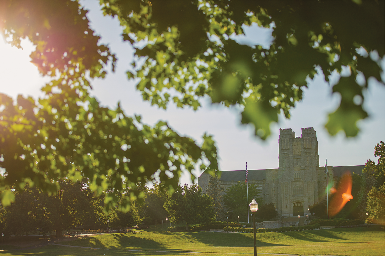 Image of Burress Hall through the trees.